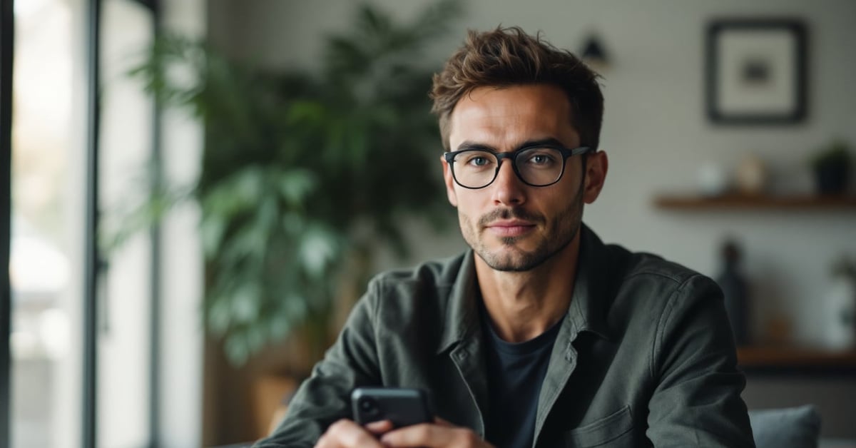 Influenceur crypto français filmé en studio moderne, lumière naturelle, style photojournalistique authentique