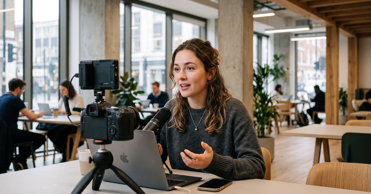 Influenceur en anglais : créateur de contenu face à sa caméra dans un studio moderne