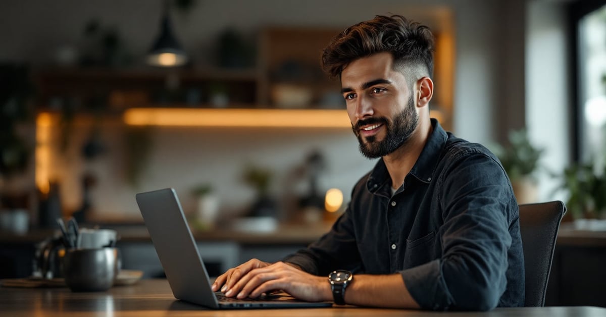 Jeune professionnel travaillant sur un ordinateur portable dans un espace moderne, métier du digital sans diplôme