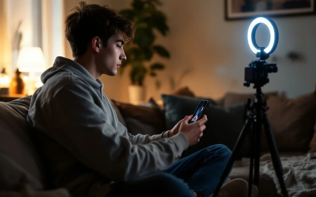 Jeune créateur de contenu filmant une vidéo avec son smartphone et une ring light