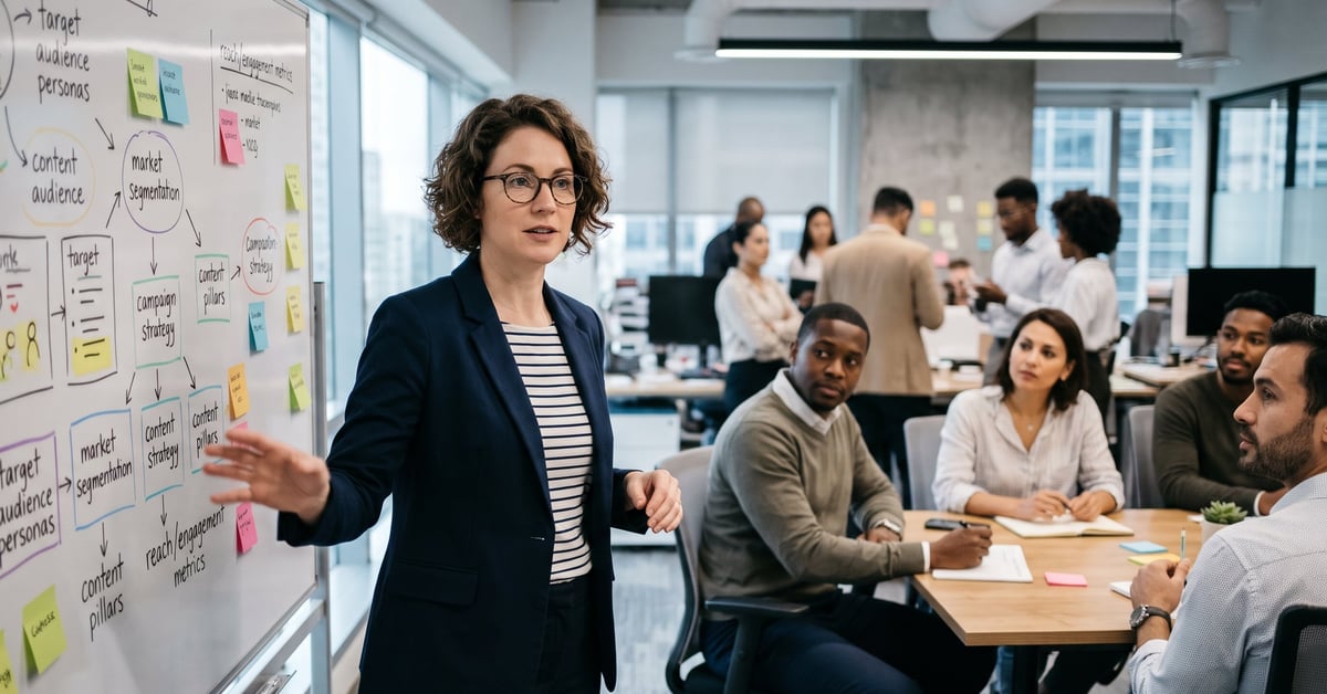 Professionnel analysant des cibles marketing sur un tableau de données dans un bureau moderne