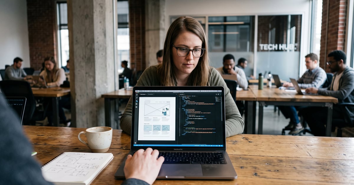 Conversion d'une image en HTML sur un écran d'ordinateur moderne, code et interface web visibles