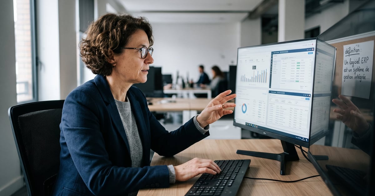 ERP logiciel définition – interface de gestion intégrée sur écran d'ordinateur en entreprise