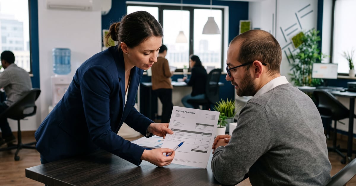 Facture proforma définition – document commercial préliminaire sur un bureau professionnel moderne