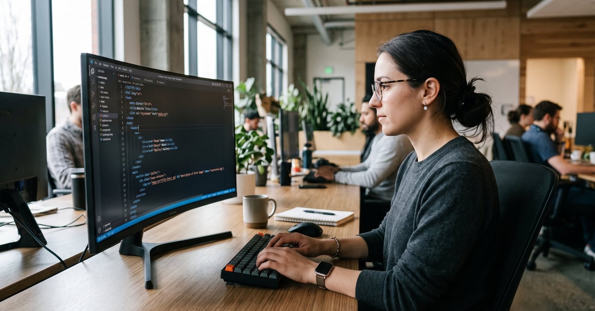 Balise image HTML affichée dans un éditeur de code sur un écran d'ordinateur moderne
