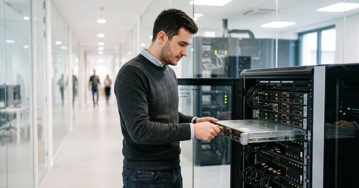 Serveur informatique en rack dans une salle de données moderne — définition serveur