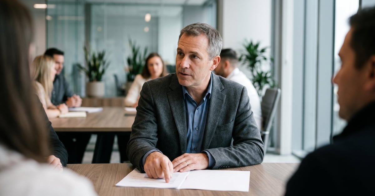 Réunion de stakeholders autour d'une table de conférence moderne — définition stakeholder